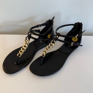 Guess black patent leather sandals with gold chain